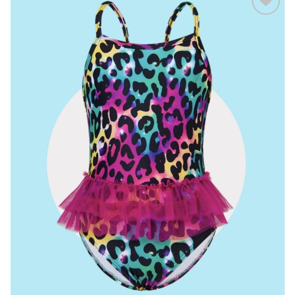 NWOT  Colorful Leopard Girls Swimsuits Bathing Suit One Piece Bikini with Ruffle